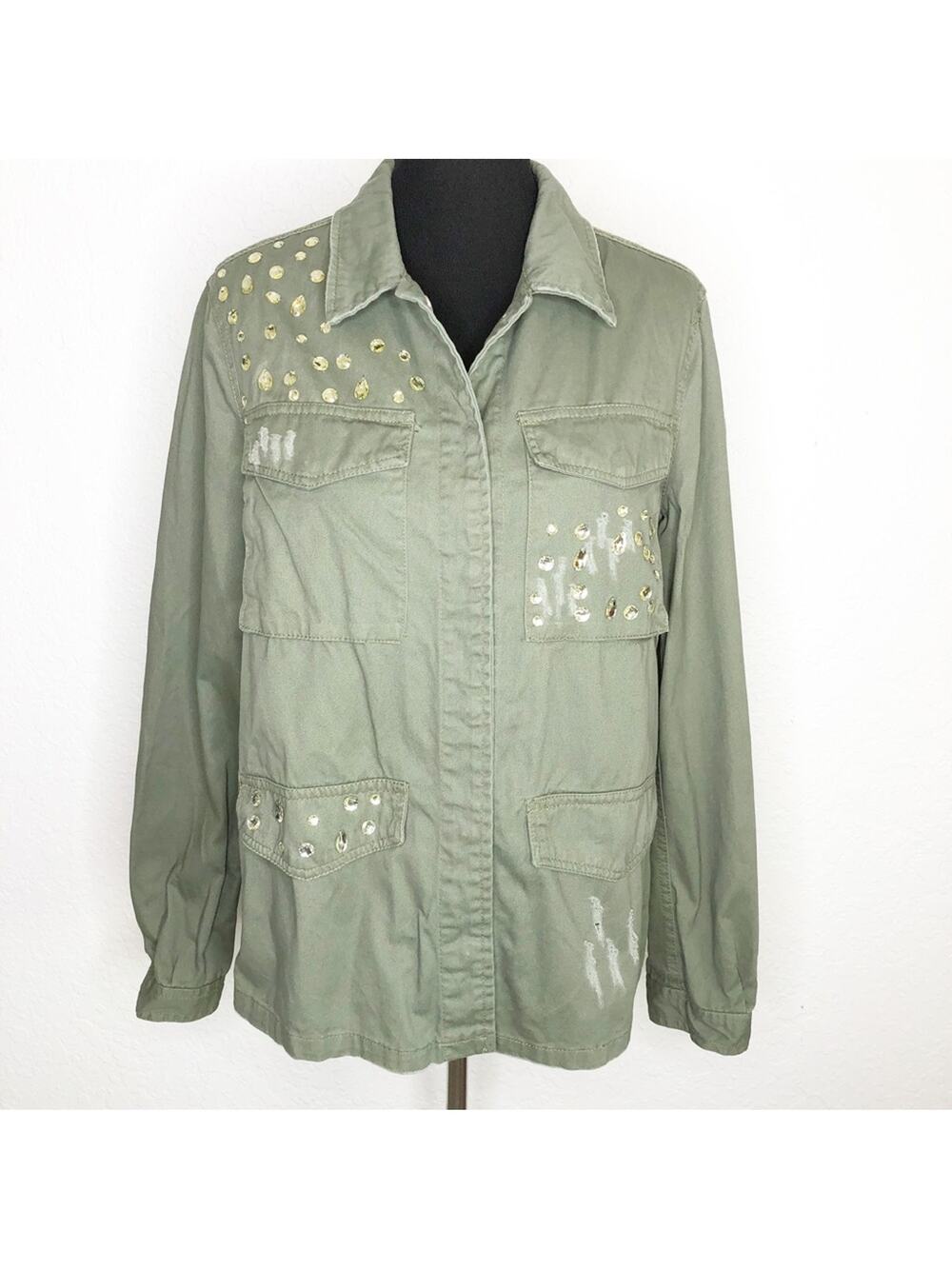 Jean Pascale army green distressed studded snap front shacket size 40 or US 10